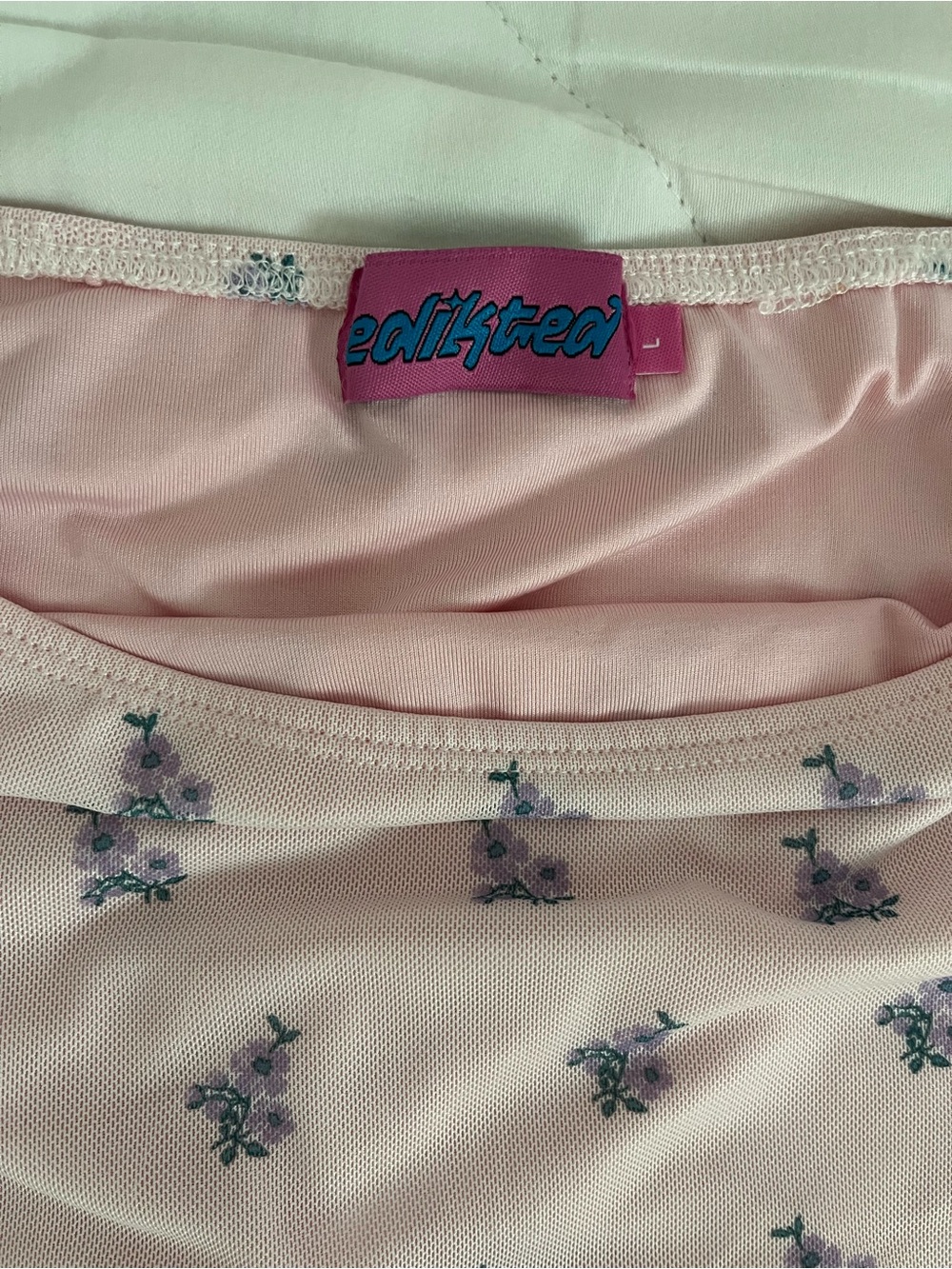 Edikted Light Pink Mesh Mini Skirt with Purple Floral Print - Picture 3 of 3